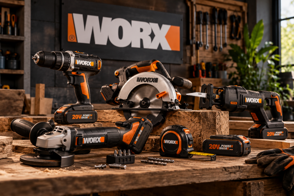 Bodegón de herramientas WORX a batería para bricolaje, taller y jardín
