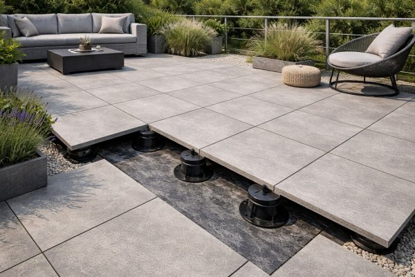 Terraza terminada con pavimento porcelánico elevado sobre plots