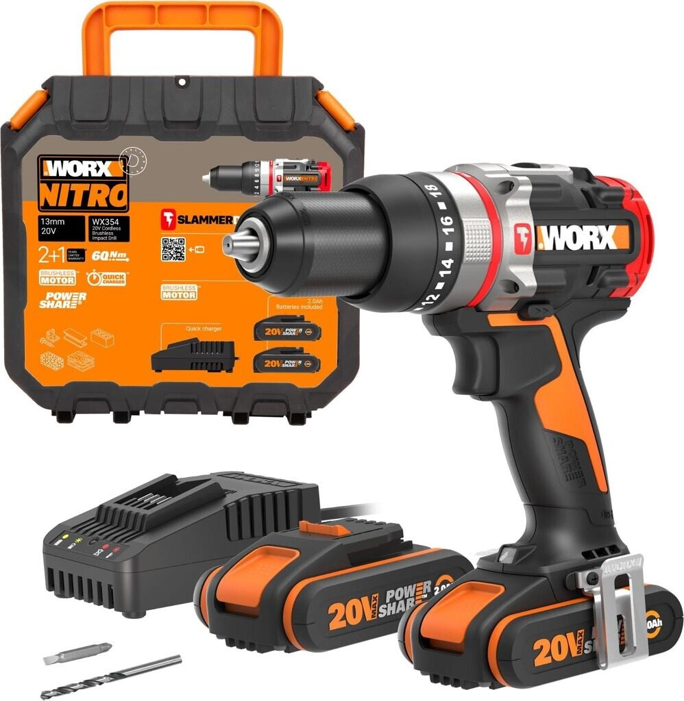 WORX WX354 Slammer Drill 20V Brushless con baterías, cargador y maletín