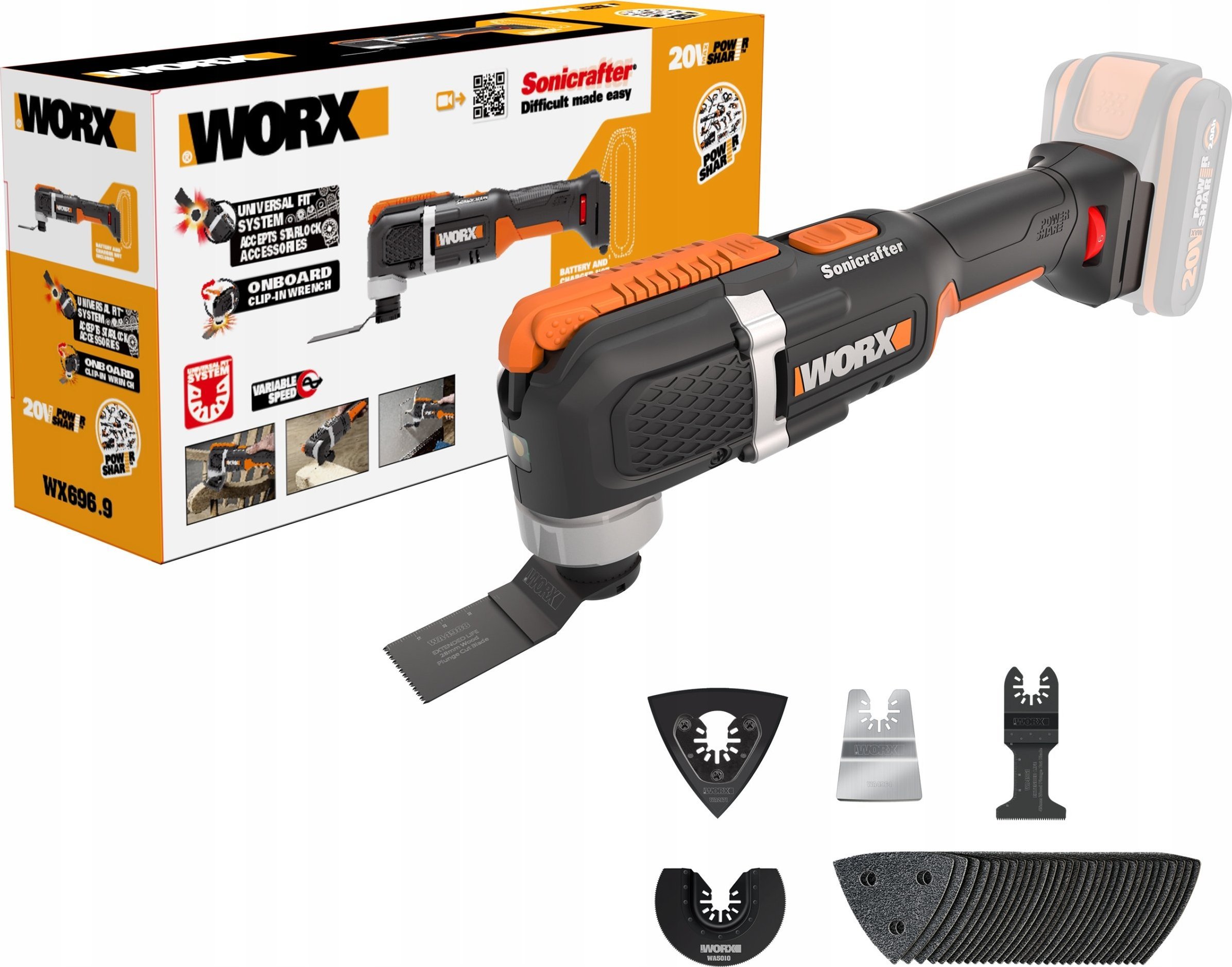 WORX WX696.9 Sonicrafter 20V con accesorios de corte y lijado