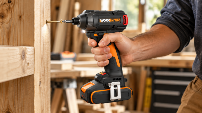 Atornillador de impacto WORX Nitro trabajando sobre madera, imagen ilustrativa generada